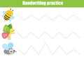 Handwriting practice sheet with funny insects. Educational children game. Tracing lines. early education worksheet for kids