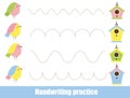 Handwriting practice sheet. Help birds find birdhouses. Educational children game. Tracing lines for kids and toddlers Royalty Free Stock Photo
