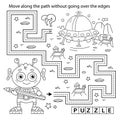 Handwriting practice sheet. Simple educational game or maze. Coloring Page Outline Of cartoon alien with a flying saucer on a