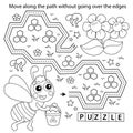 Handwriting practice sheet. Simple educational game or maze. Coloring Page Outline Of cartoon bee with bucket of honey. Coloring