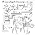 Handwriting practice sheet. Simple educational game or maze. Coloring Page Outline Of cartoon boy with brush and paints. Little Royalty Free Stock Photo