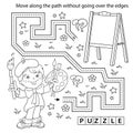 Handwriting practice sheet. Simple educational game or maze. Coloring Page Outline Of cartoon boy with brush and paints. Little Royalty Free Stock Photo