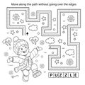 Handwriting practice sheet. Simple educational game or maze. Coloring Page Outline Of cartoon boy jumping for joy. First snow.