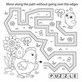 Handwriting practice sheet. Simple educational game or maze. Coloring Page Outline Of cartoon chicken or hen with little chick.