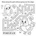 Handwriting practice sheet. Simple educational game or maze. Coloring Page Outline Of cartoon chicken or hen with little chick.