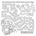 Handwriting practice sheet. Simple educational game or maze. Coloring Page Outline Of cartoon cute girl with basket walking home Royalty Free Stock Photo