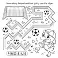 Handwriting practice sheet. Simple educational game or maze. Coloring Page Outline Of cartoon duck or duckling with soccer ball.