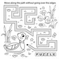 Handwriting practice sheet. Simple educational game or maze. Coloring Page Outline Of cartoon duck with little ducklings.