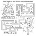 Handwriting practice sheet. Simple educational game or maze. Coloring Page Outline Of cartoon girl decorating the Christmas tree.