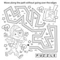 Handwriting practice sheet. Simple educational game or maze. Coloring Page Outline Of cartoon girl detective with loupe. Young