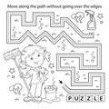 Handwriting practice sheet. Simple educational game or maze. Coloring Page Outline Of cartoon girl with mop and bucket. Housework Royalty Free Stock Photo