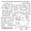 Handwriting practice sheet. Simple educational game or maze. Coloring Page Outline Of cartoon goat with cabbage. Farm animals.