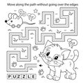 Handwriting practice sheet. Simple educational game or maze. Coloring Page Outline Of cartoon little cat with toy clockwork mouse