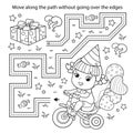 Handwriting practice sheet. Simple educational game or maze. Coloring Page Outline Of cartoon little girl  on a bike with gifts Royalty Free Stock Photo