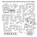 Handwriting practice sheet. Simple educational game or maze. Coloring Page Outline Of cartoon little girl with gifts. Birthday. Royalty Free Stock Photo