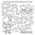 Handwriting practice sheet. Simple educational game or maze. Coloring Page Outline Of cartoon little girl with gifts. Birthday. Royalty Free Stock Photo