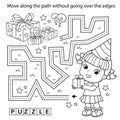 Handwriting practice sheet. Simple educational game or maze. Coloring Page Outline Of cartoon little girl with gifts. Birthday. Royalty Free Stock Photo