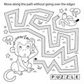 Handwriting practice sheet. Simple educational game or maze. Coloring Page Outline Of cartoon little monkey with bananas. Coloring