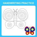 Handwriting practice. Trace the lines and color the butterfly. Educational kids game, coloring book sheet, printable worksheet. Royalty Free Stock Photo