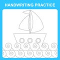 Handwriting practice. Trace the lines and color the ship and waves. Educational kids game, coloring book sheet, printable