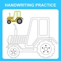 Handwriting practice. Trace the lines and color the tractor. Educational kids game, coloring book sheet, printable worksheet.