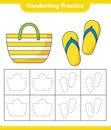 Handwriting practice. Tracing lines of Beach Bag and Flip Flop. Educational children game, printable worksheet, vector Royalty Free Stock Photo