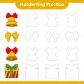 Handwriting practice. Tracing lines of Christmas Bell, Ribbon, and Gift Box. Educational children game, printable worksheet, Royalty Free Stock Photo