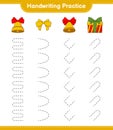 Handwriting practice. Tracing lines of Christmas Bell, Ribbon, and Gift Box. Educational children game, printable worksheet, Royalty Free Stock Photo