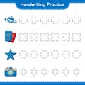 Handwriting practice. Tracing lines of Hat, Passport, Starfish, and Camera. Educational children game, printable worksheet, vector