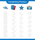 Handwriting practice. Tracing lines of Hat, Passport, Starfish, and Camera. Educational children game, printable worksheet, vector