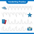 Handwriting practice. Tracing lines of Hat, Passport, Starfish, and Camera. Educational children game, printable worksheet, vector