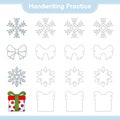 Handwriting practice. Tracing lines of Ribbon, Snowflake, and Gift Box. Educational children game, printable worksheet, vector