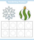 Handwriting practice. Tracing lines of Snowflake and Christmas Ball. Educational children game, printable worksheet, vector