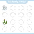 Handwriting practice. Tracing lines of Snowflake and Christmas Ball. Educational children game, printable worksheet, vector