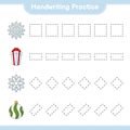 Handwriting practice. Tracing lines of Snowflake, Christmas Ball, and Gift Box. Educational children game, printable worksheet,