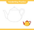 Handwriting practice. Tracing lines of Teapot. Educational children game, printable worksheet, vector illustration