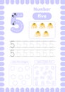 tracing numbers. Learn number five. Educational page for preschool kids. Color octagons. Trace numbers