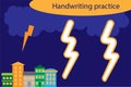 Handwriting practise, writing training. lightning cartoon, preschool worksheet activity for kids, task for the development of