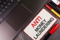 Handwriting text Anti Monay Laundring. Concept meaning entering projects to get away dirty money and clean it written on White Sti Royalty Free Stock Photo