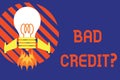 Handwriting text Bad Credit Question. Concept meaning history when it indicates that borrower has high risk Top view