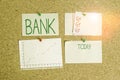 Handwriting text Bank. Concept meaning An organization where showing and businesses can invest borrow money Corkboard color size Royalty Free Stock Photo