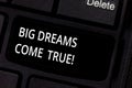 Handwriting text Big Dreams Come True. Concept meaning Great wishes can become reality stay motivated Keyboard key Royalty Free Stock Photo