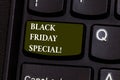 Handwriting text Black Friday Special. Concept meaning The day after thanksgiving Crazy Sale Shopping season Keyboard Royalty Free Stock Photo