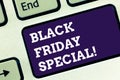 Handwriting text Black Friday Special. Concept meaning The day after thanksgiving Crazy Sale Shopping season Keyboard Royalty Free Stock Photo