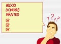 Handwriting text Blood Donors Wanted. Concept meaning Looking for someone willing to donate their blood