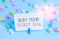 Handwriting text Body Mind Spirit Soul. Concept meaning Personal Balance Therapy Conciousness state of mind Colored crumpled Royalty Free Stock Photo