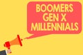 Handwriting text Boomers Gen X Millennials. Concept meaning generally considered to be about thirty years Man holding megaphone lo
