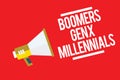 Handwriting text Boomers Gen X Millennials. Concept meaning generally considered to be about thirty years Megaphone loudspeaker re