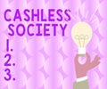 Hand writing sign Cashless Society. Business concept places where showing charge their electric equipment Hand Holding