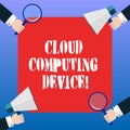 Handwriting text Cloud Computing Device. Concept meaning Shared pools of configurable computer system resource Hu